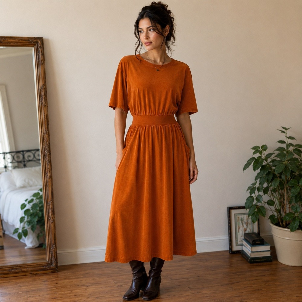 Zara Burnt Orange Short Sleeve Midi Dress Medium Pockets Fall Casual Minimalist